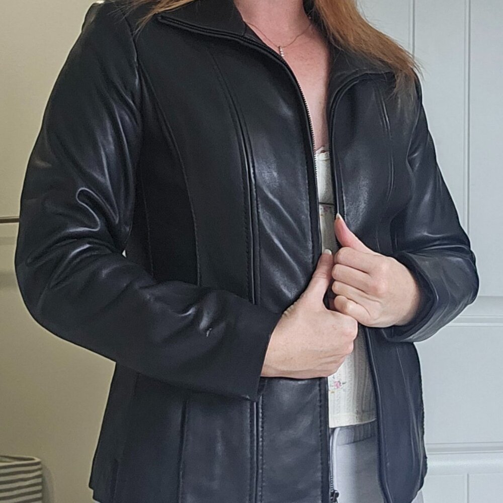 Jones New York Black Women's Fitted Leather Jacket Size Medium